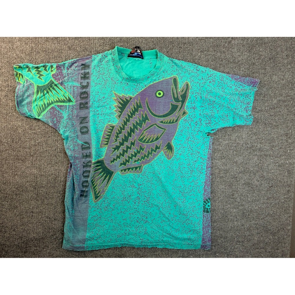 Vintage Rocky Shoes Boots T Shirt XL Teal Fish Graphic Distressed USA Made 90s